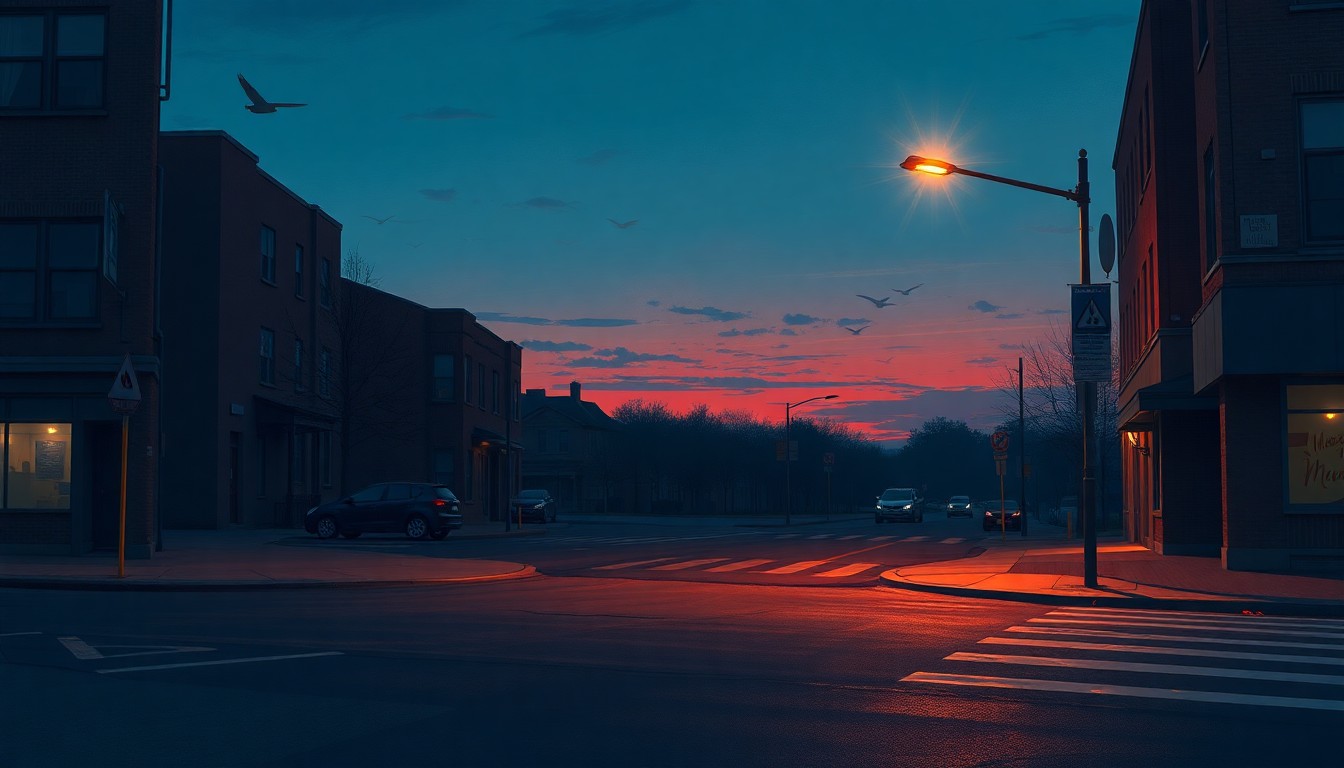 A dimly lit urban street corner at dusk, with a lone streetlight casting warm, diagonal shadows across the pavement, conceptually representing the quiet, contemplative mood of the energy choice debate.