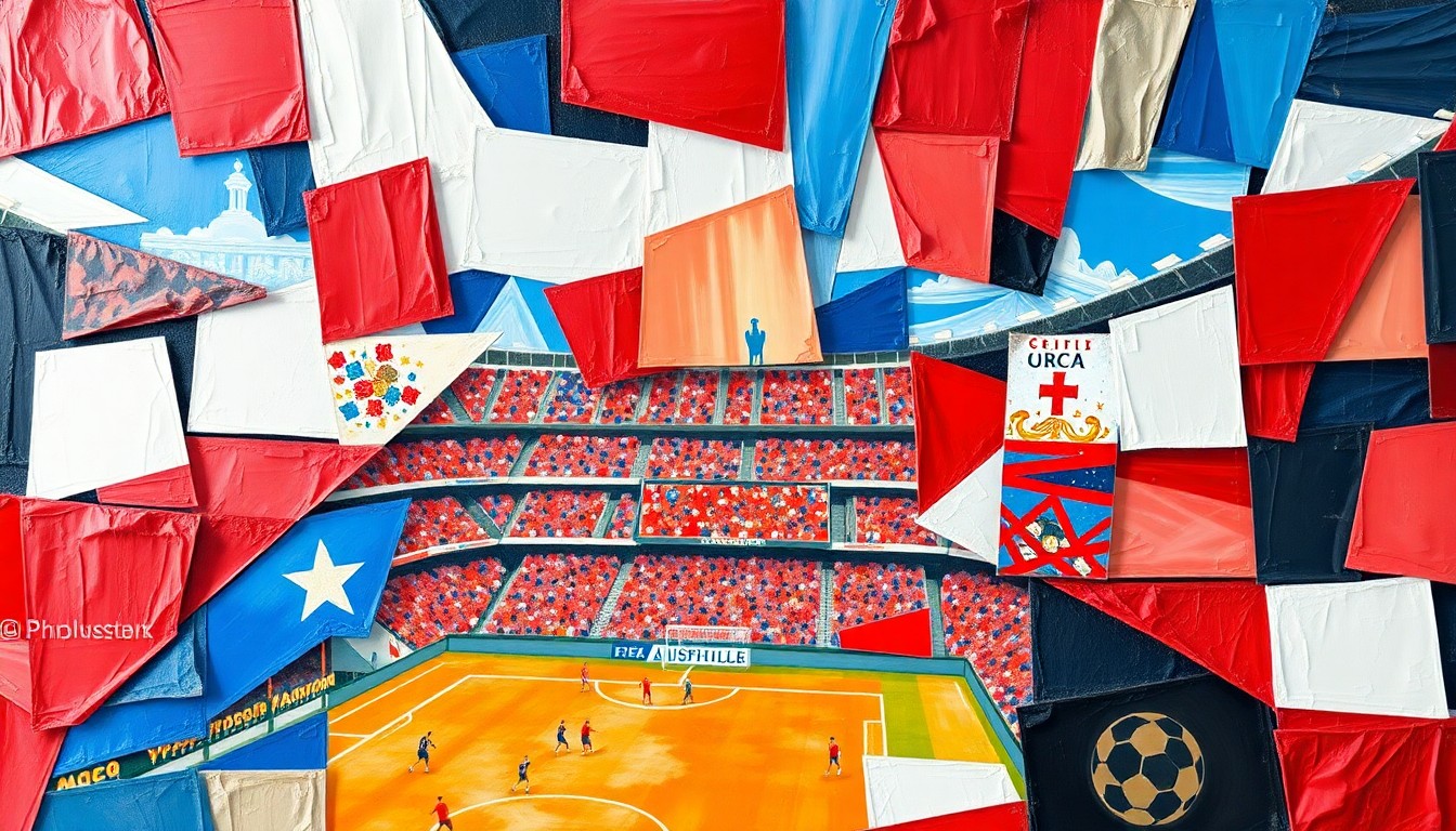 A fragmented, geometric painting in red, white, and blue hues, depicting an abstract soccer stadium scene with overlapping angular shapes and planes, conveying the complex security challenges of the 2026 World Cup.