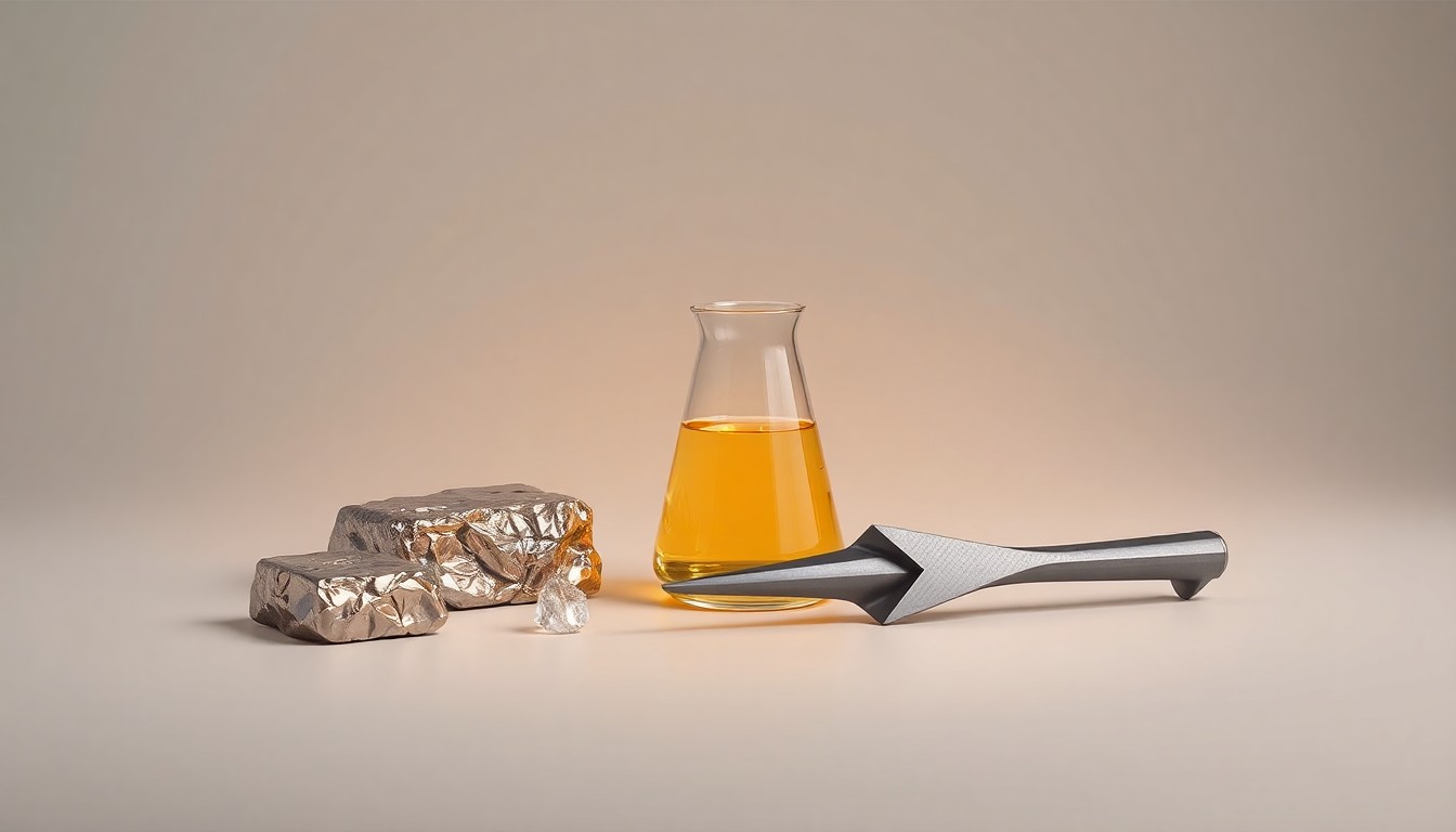A high-end, photorealistic studio still-life photograph featuring polished metal ingots, glass beakers, and sleek metal tools, representing the advanced production processes and critical minerals at the heart of Energy Fuels' business.