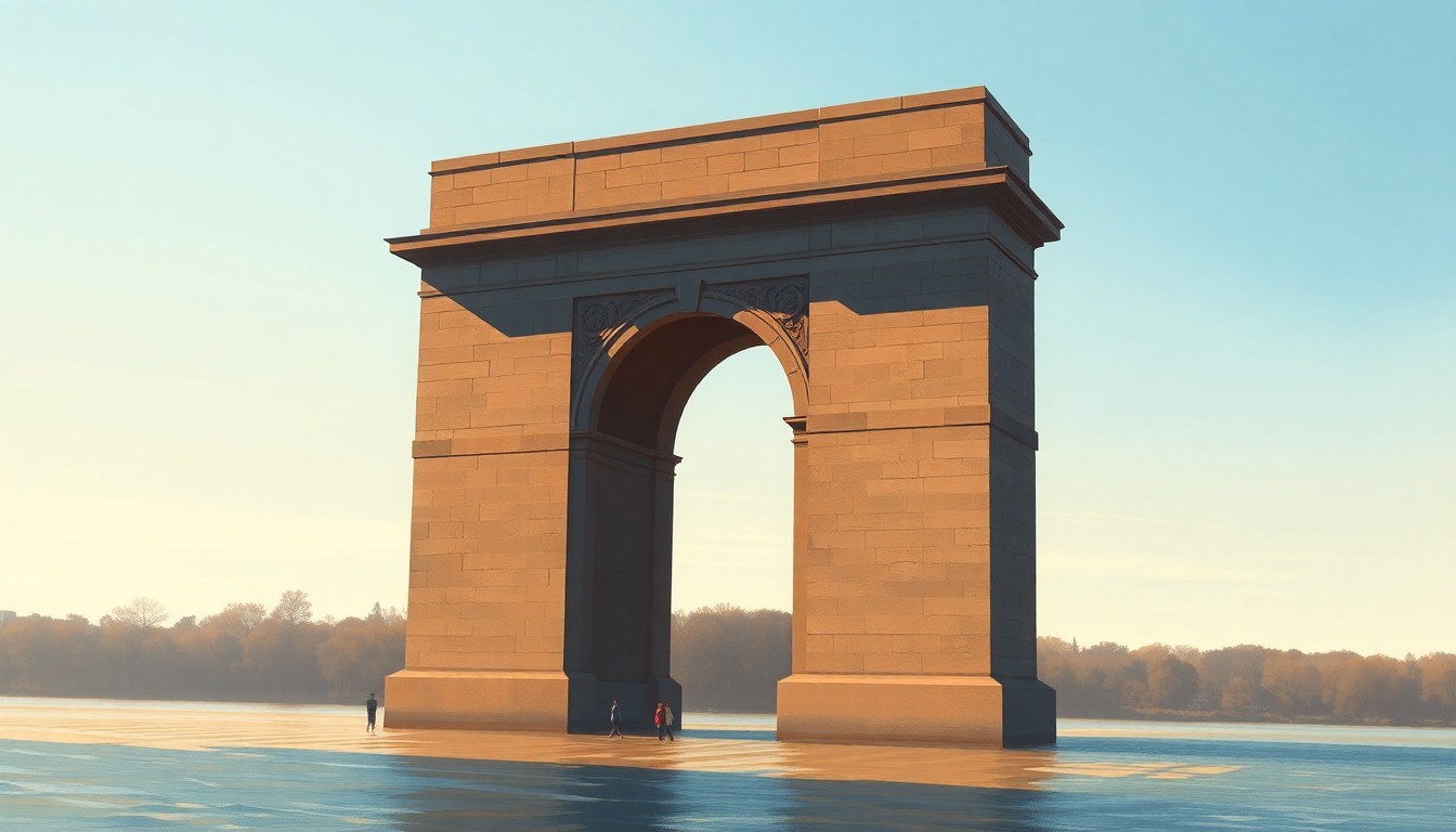 A serene, painterly image of a large stone arch structure standing alone on the banks of the Potomac River, its imposing form casting long shadows in the warm afternoon light, conveying a sense of solemnity and grandeur amidst the urban landscape.