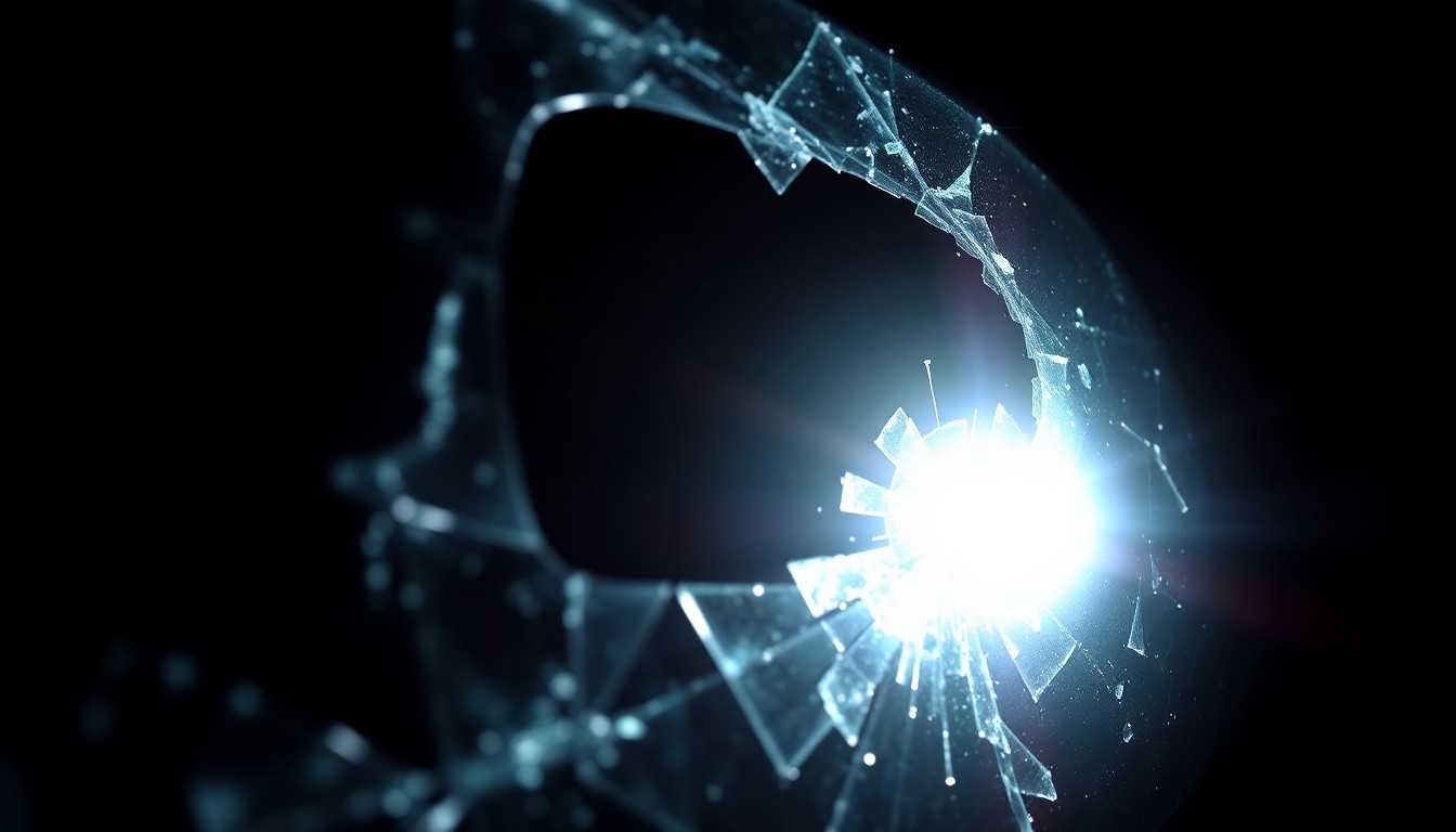 An extreme close-up photograph of shattered glass, capturing the stark, gritty, and investigative aesthetic of the crime scene.