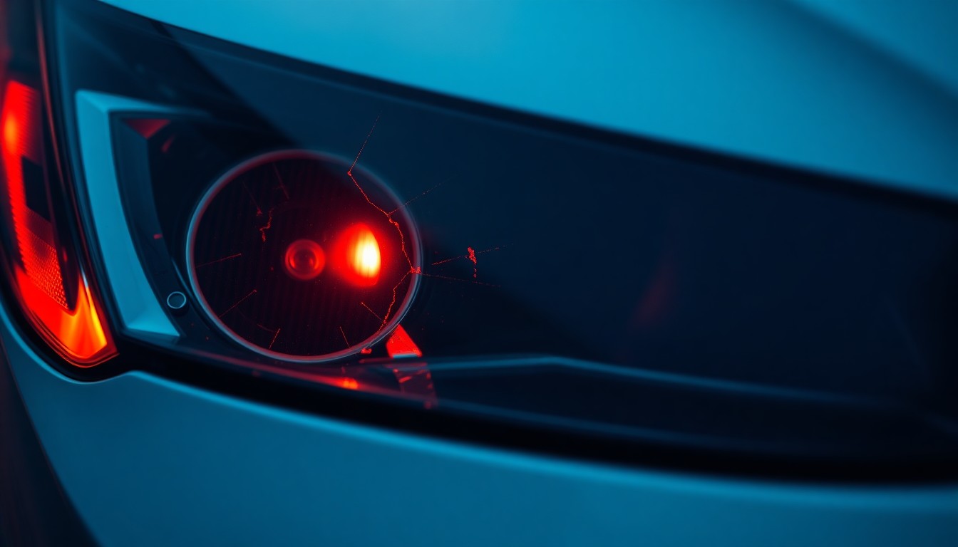 An extreme close-up of a shattered car sensor lens reflecting a faint red light, conceptually illustrating the vandalism of self-driving cars.