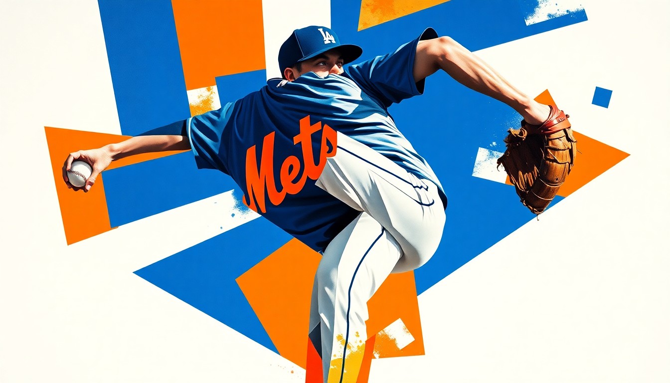 A cubist-style painting depicting a baseball pitcher's windup motion, broken down into sharp, overlapping geometric shapes in shades of blue, orange, and white, conveying the multifaceted nature of Shohei Ohtani's talents.