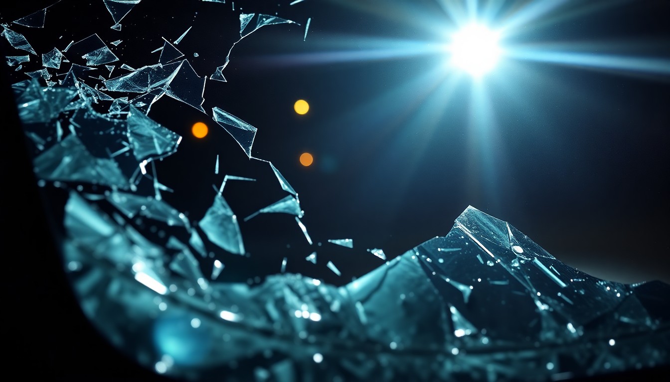 An extreme close-up photograph of a shattered car windshield reflecting the harsh light of a camera flash, conceptually representing the violent aftermath of a deadly collision.