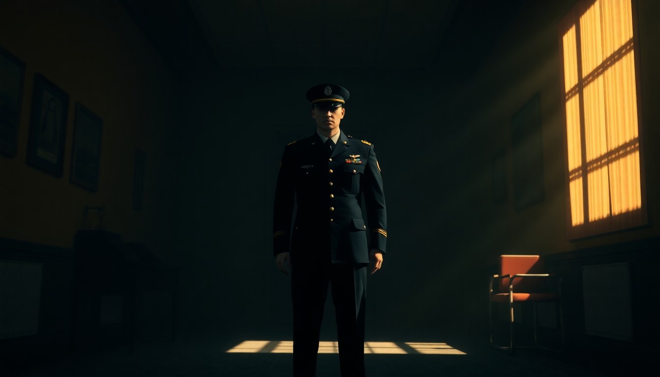 A solitary military officer in dress uniform standing alone in a dimly lit government office, the scene bathed in warm diagonal sunlight and deep shadows, conveying a sense of quiet contemplation and unease.