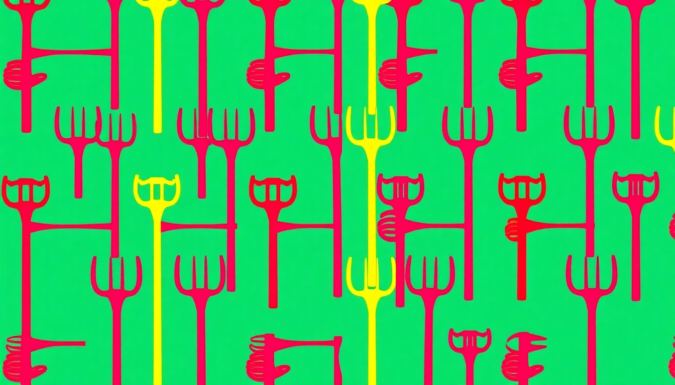 A high-contrast silkscreen print of a farming tool like a pitchfork or hoe, repeated in a grid pattern with vibrant neon colors and heavy black outlines, conceptually representing the hard work and generosity of a rural Arkansas community member.