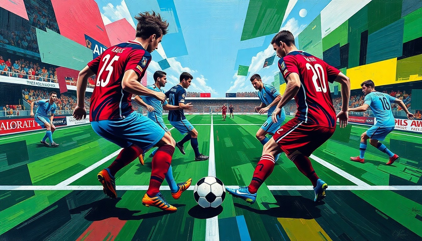 A fractured, cubist-inspired painting depicting the dynamic action of a soccer match, with players and the field rendered in sharp, overlapping geometric shapes and vibrant colors.