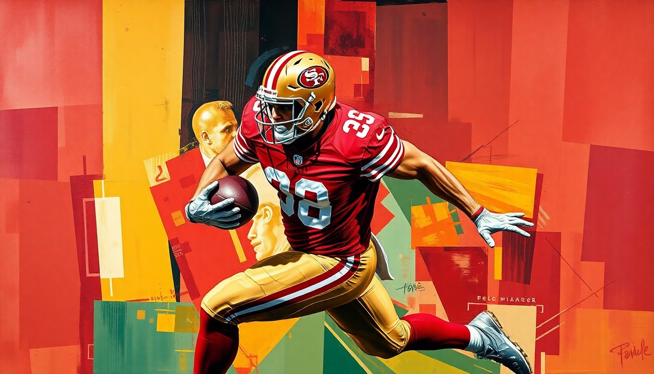 A fragmented, geometric painting depicting a football player in motion, with sharp planes of red and gold representing the dynamic energy of the sport.