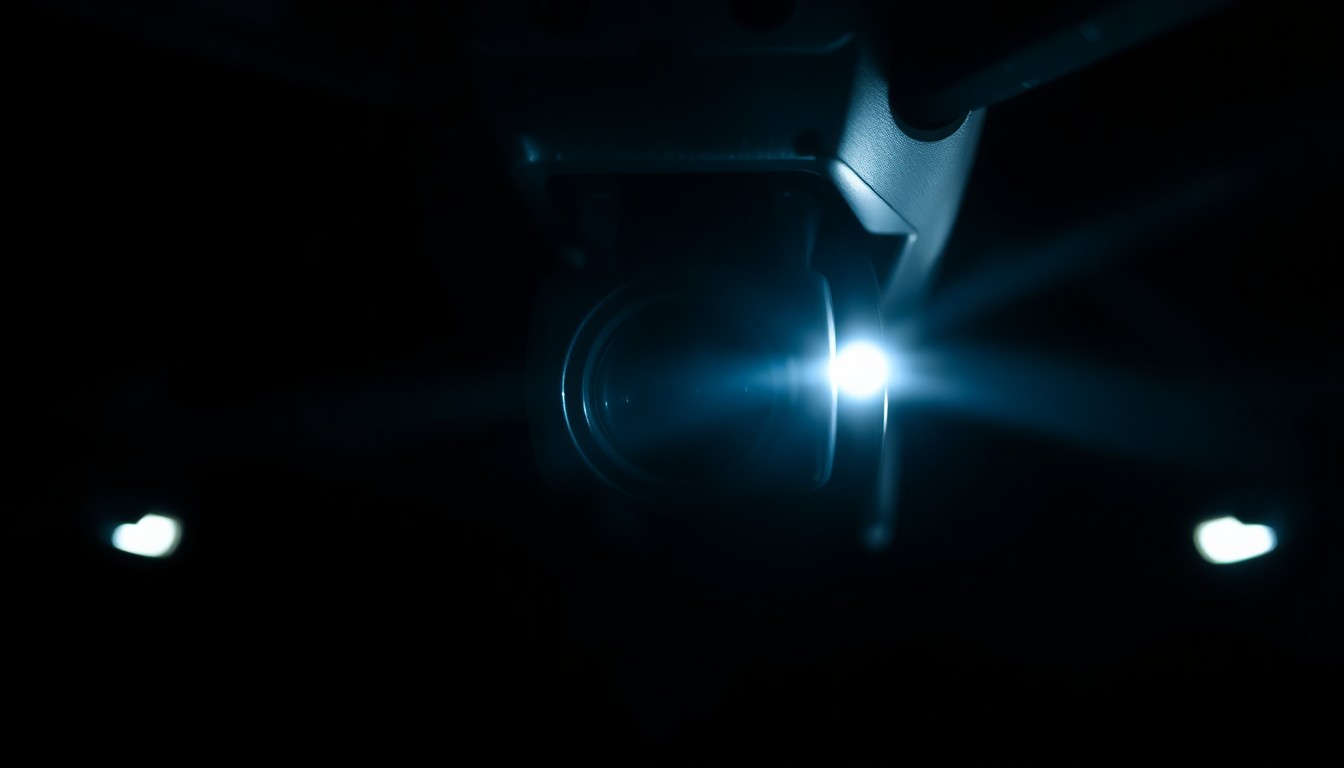 An extreme close-up photograph of a police drone's camera lens, lit by a harsh, direct flash against a pitch-black background, creating a stark, gritty, investigative aesthetic that conceptually represents the technology's role in law enforcement.