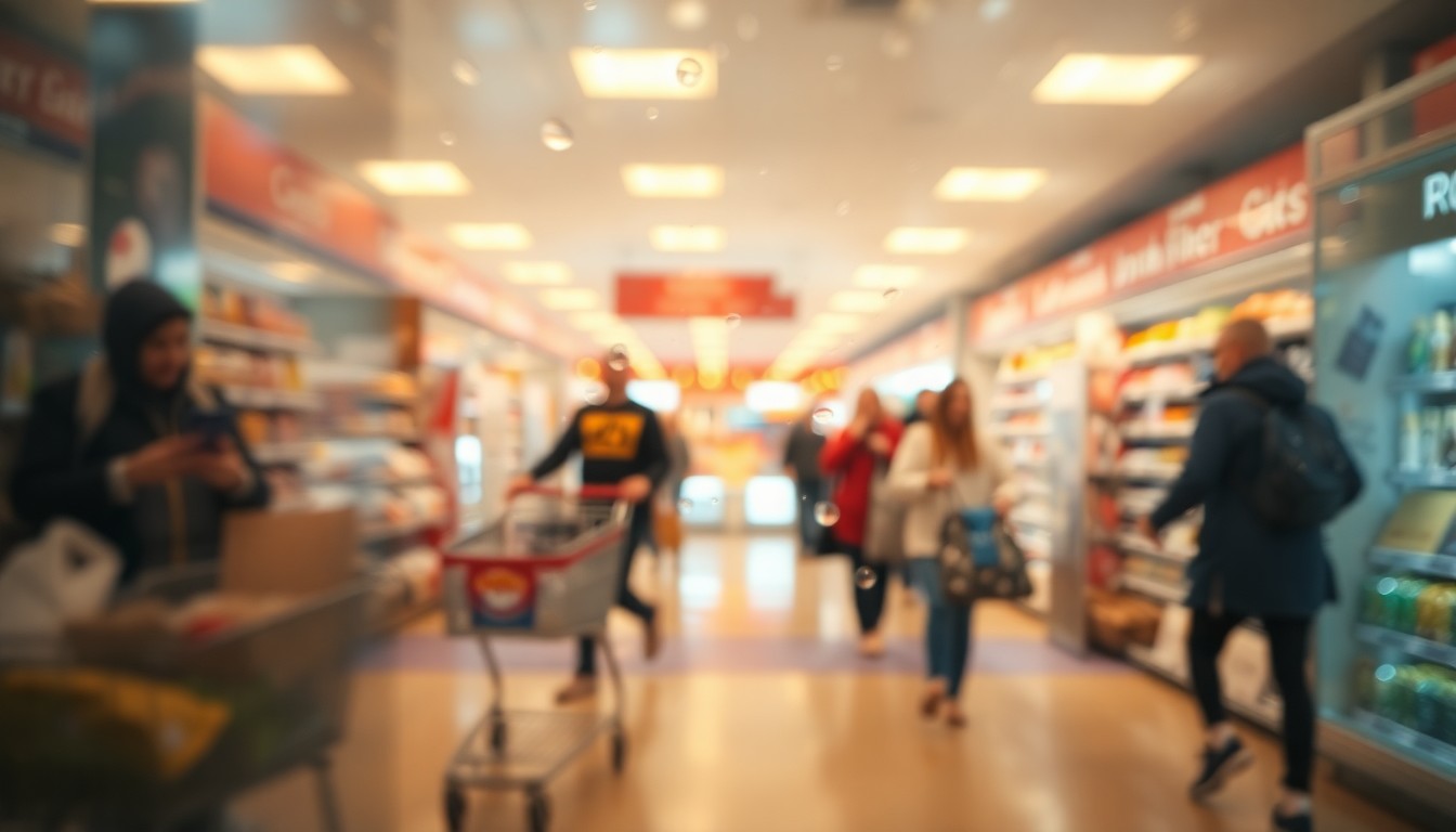 An abstract, impressionistic photograph showing the blurred outline of shoppers pushing grocery carts through a supermarket entrance, with soft, warm colors and a dreamlike, out-of-focus quality, conceptually representing the emotional tension over the new cart fees.