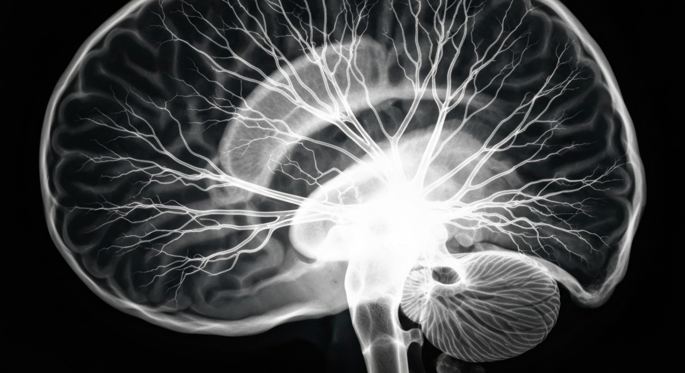 An extreme close-up X-ray photograph showing the complex neural structures of the human brain, conceptually representing the increased accessibility of mental health care through digital platforms.