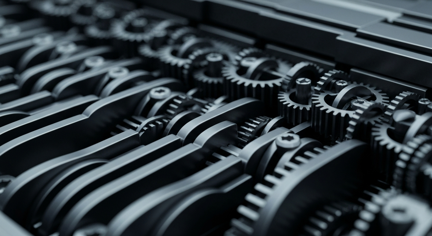 An extreme close-up of the complex, interlocking metal components of a high-tech financial processing machine, conveying a sense of industrial might and institutional security.