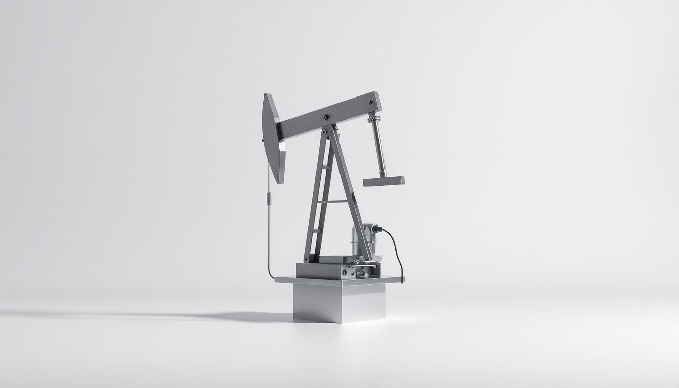 A photorealistic studio still life featuring a polished, geometric oil pump jack made of brushed steel and glass, floating on a clean, monochromatic background with dramatic lighting and deep shadows.
