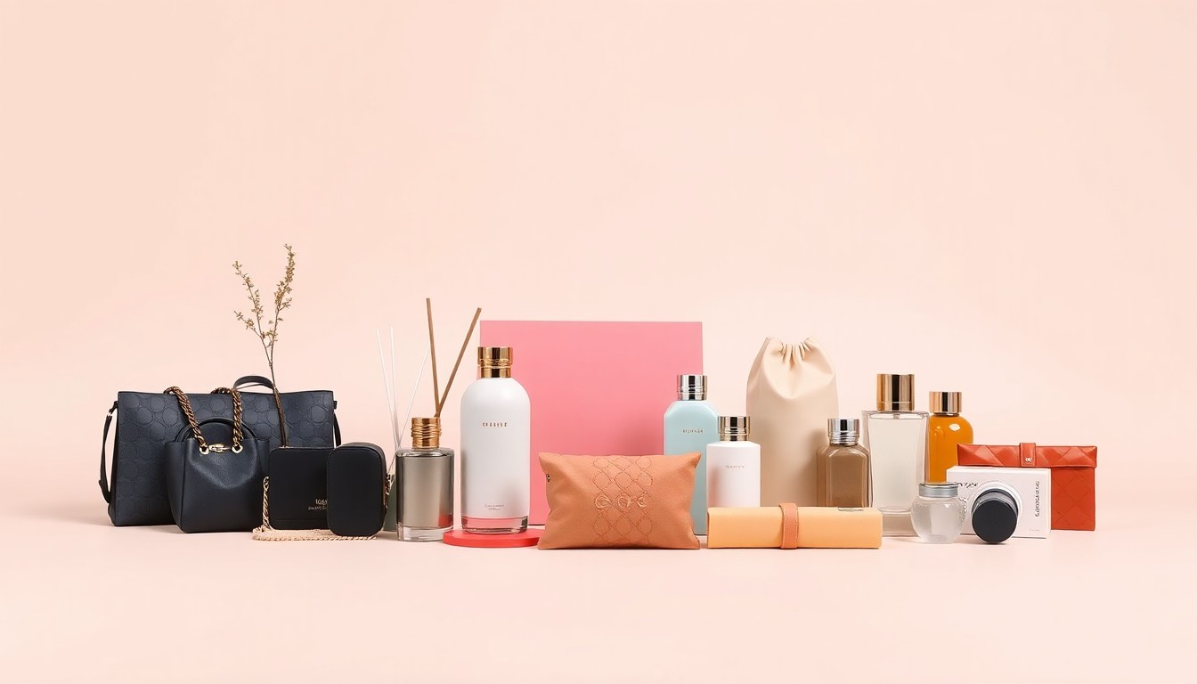 A high-end, photorealistic studio still-life photograph featuring a collection of polished, geometric retail objects arranged elegantly on a clean, monochromatic background, conceptually representing the diverse mix of new shops and brands that have revitalized the Wynnewood Village shopping center in Dallas' Oak Cliff neighborhood.