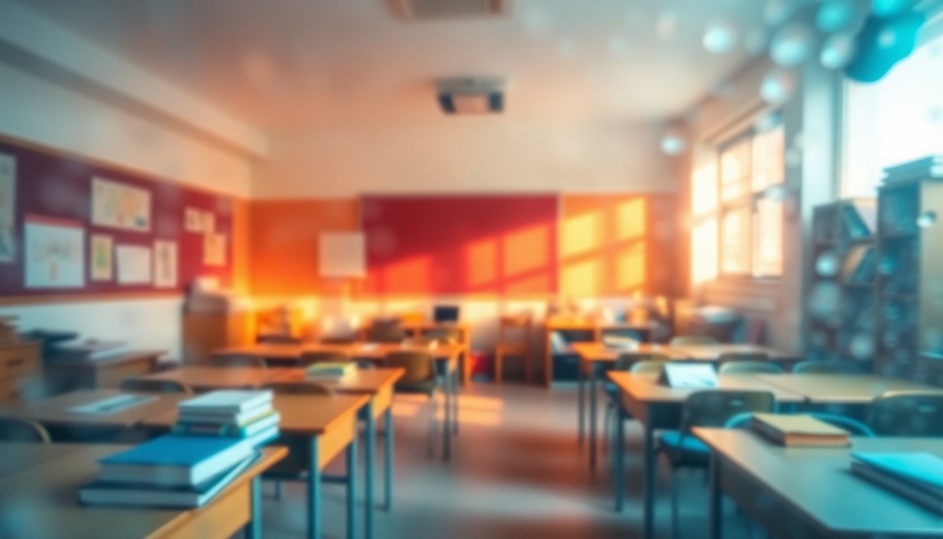 An abstract, dreamy scene of a classroom filled with blurred, soft-focus educational supplies and furniture, conveying the warmth and nostalgia of a long teaching career.