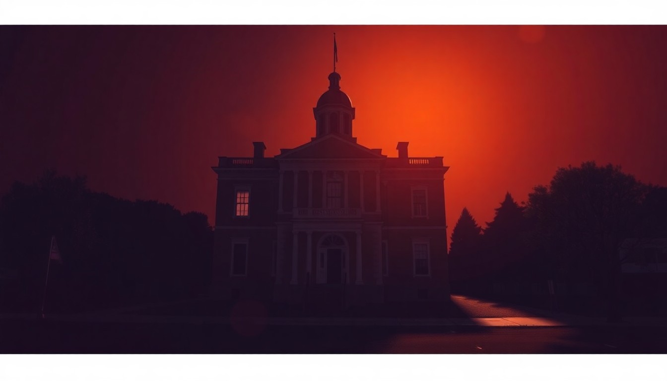 A realistic oil painting depicting the Rhode Island State House in a warm, cinematic light, with deep shadows and a sense of solitude, conveying the quiet power of the state's political institutions.