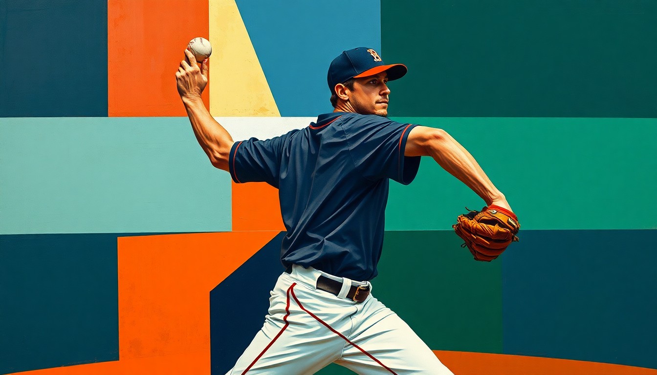 A cubist, geometric painting depicting a baseball pitcher's throwing motion broken down into overlapping planes of navy, green, and orange, conveying the fragility and complexity of an elbow injury.