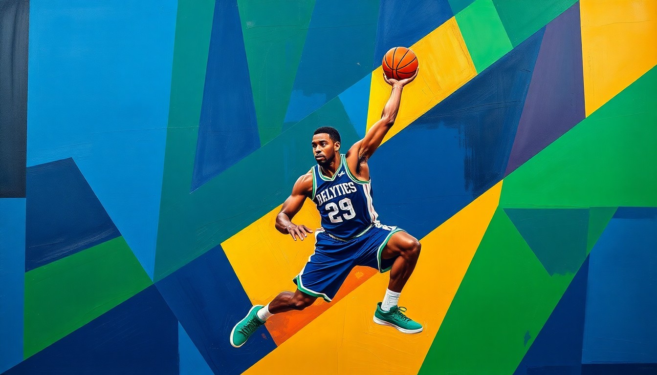 A fractured, cubist-style painting depicting the dynamic movements and skills of a basketball player, rendered in a vibrant palette of navy, green, and gold. The image conceptually represents the homecoming of a celebrated player to her Midwest roots.