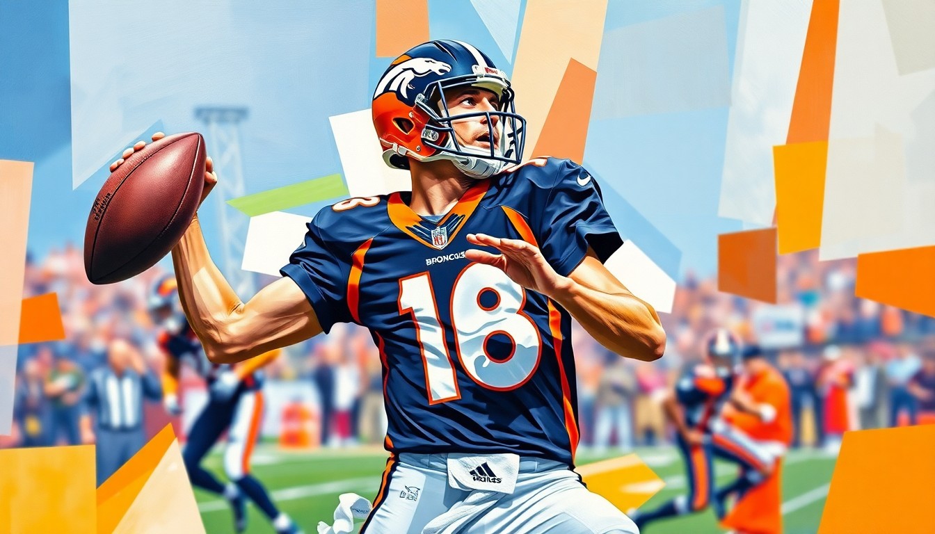 A fragmented, cubist-style painting depicting a quarterback in mid-throw, with the player's body and the football broken down into sharp, overlapping geometric shapes in the Broncos' team colors, conceptually representing Nix's new outlook on life after his injury setback.