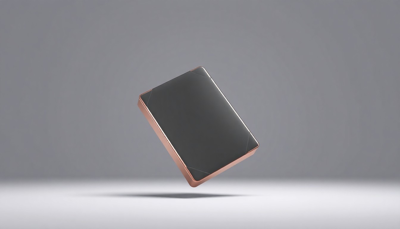 A photorealistic studio still-life image of a polished, geometric battery cell made from premium materials, floating on a clean, monochromatic background with dramatic lighting and sharp shadows, conceptually representing Solidion's innovative battery technology.