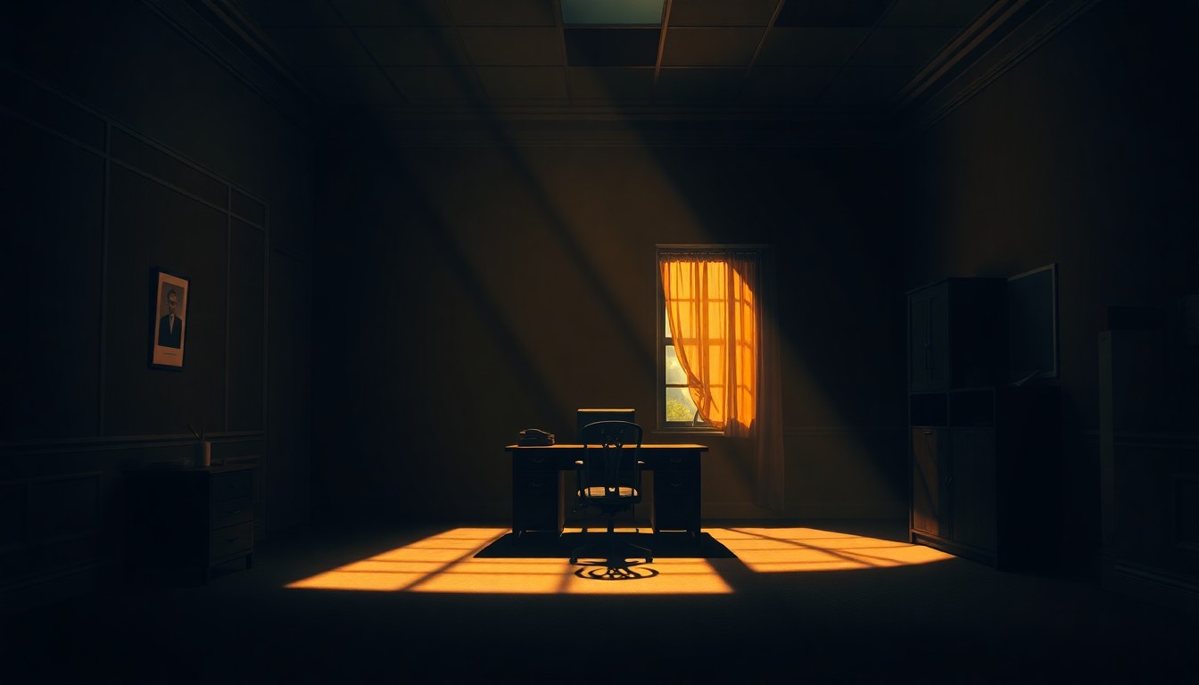 A dimly lit, cinematic painting of a solitary government office with a lone desk and chair, bathed in warm, diagonal sunlight and deep shadows, conceptually representing the tension between national security and civil liberties in the digital age.