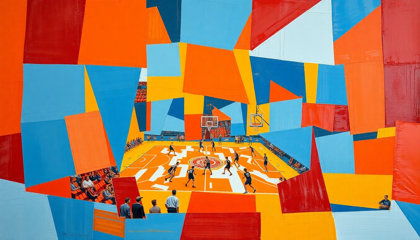 A fragmented, geometric painting in bold colors depicting the dynamic movements and energy of a girls high school basketball game.