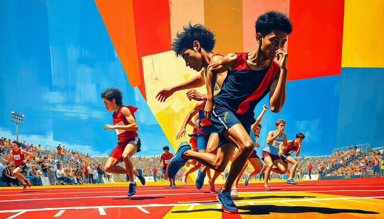 A cubist, geometric painting depicting overlapping, fragmented images of high school track and field athletes in motion, using a vibrant color palette of blues, reds, and yellows to capture the energy and dynamism of the sport.