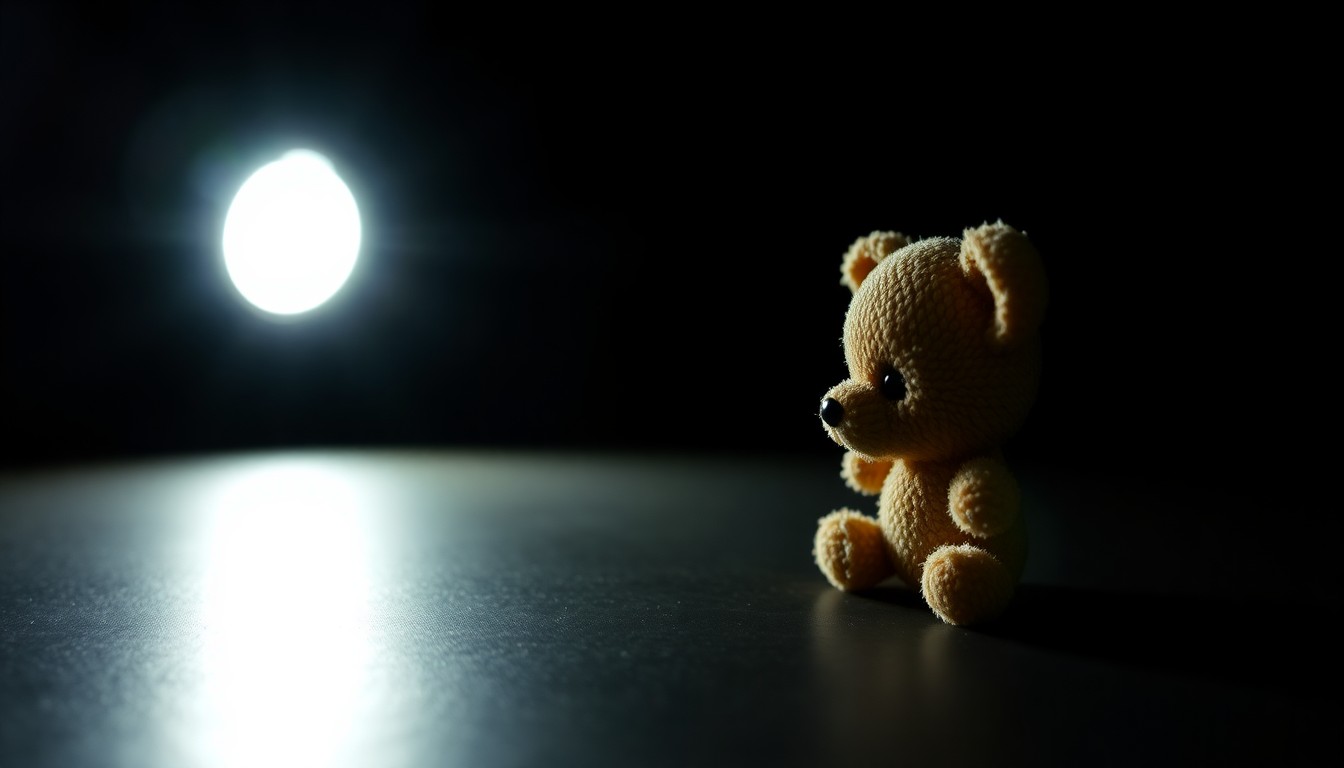 An extreme close-up photograph of a child's toy, such as a stuffed animal or small action figure, lit by a harsh, direct camera flash against a pitch-black background, conceptually illustrating the unsettling nature of a violent crime against a young victim.
