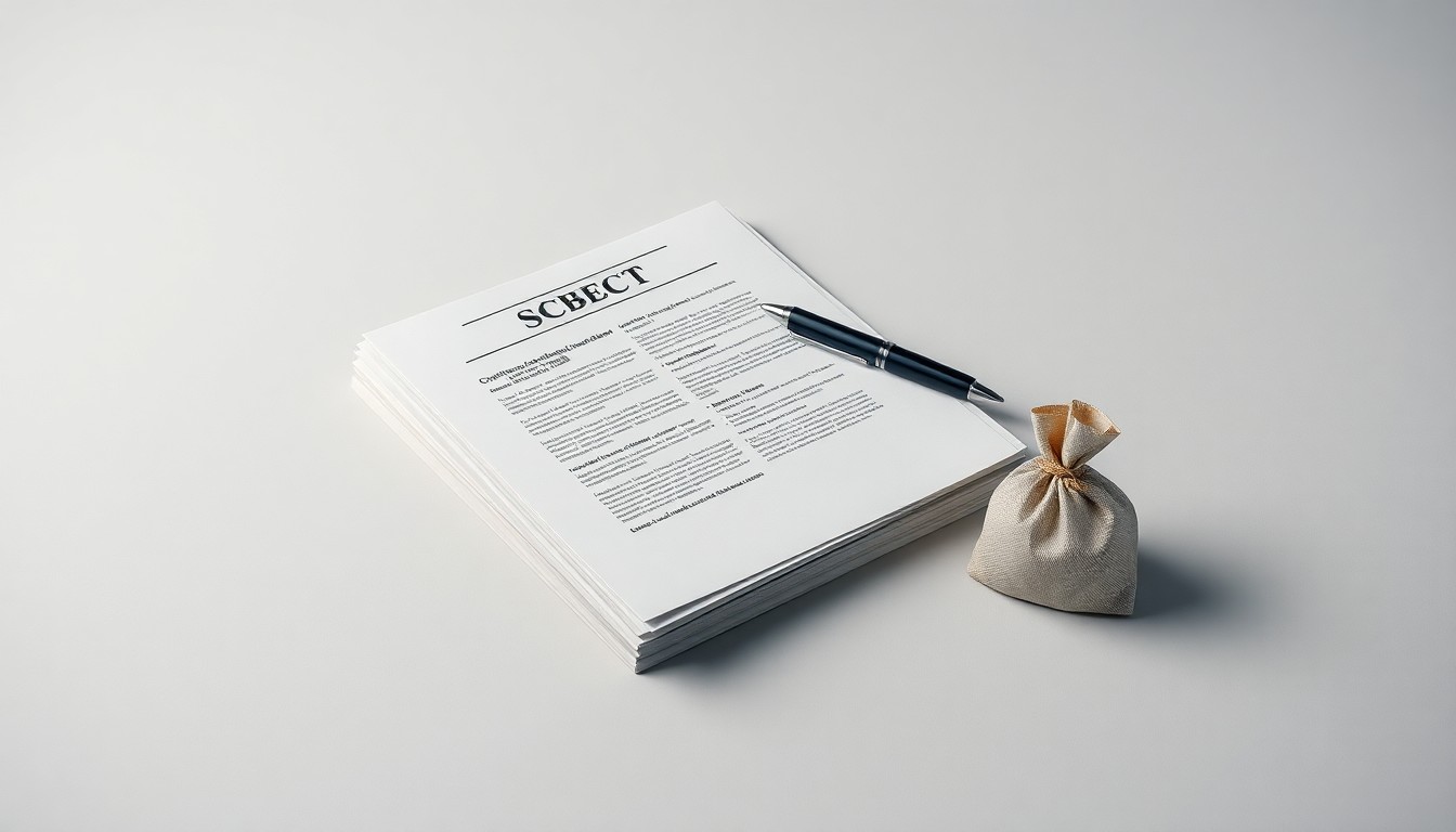 A photorealistic studio still-life image featuring a stack of official documents, a pen, and a small bag of money on a clean, monochromatic background, conceptually representing the abstract themes of corporate corruption and the consequences of unethical business practices.