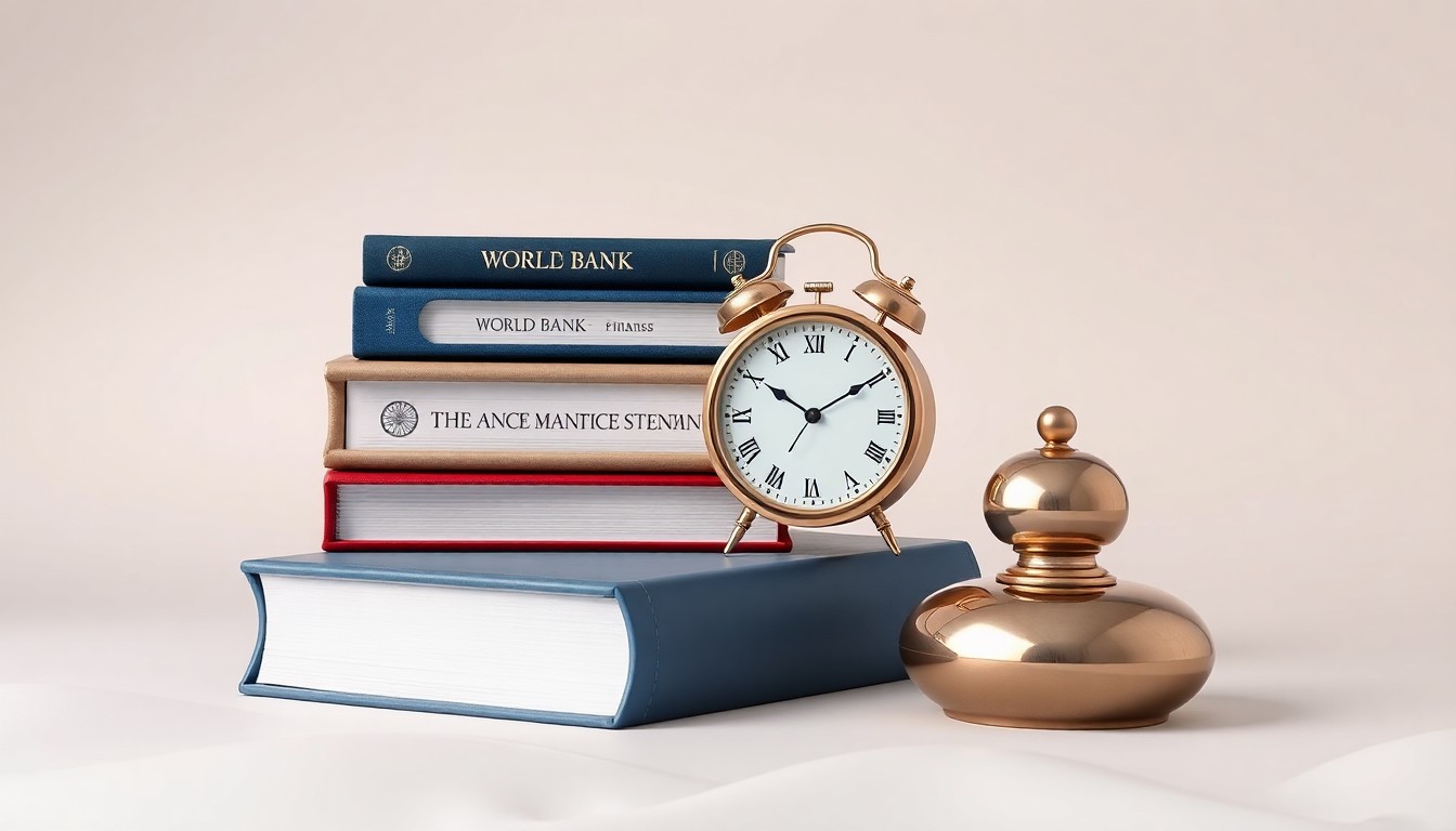 A high-end, photorealistic studio still-life photograph featuring a stack of finance textbooks, a brass desk clock, and a polished metal paperweight on a clean, monochromatic seamless background, conceptually representing the collaboration between the World Bank and CFA Institute to advance asset management education and professional training.
