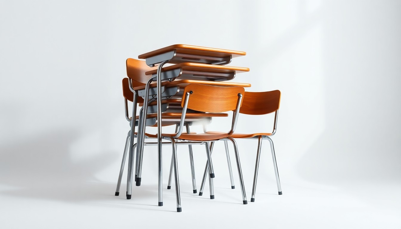 A high-end, photorealistic studio still-life photograph featuring a stack of school desks and chairs made from polished wood and metal, arranged elegantly on a clean, monochromatic seamless background with dramatic lighting and shadows to represent abstract corporate strategy.