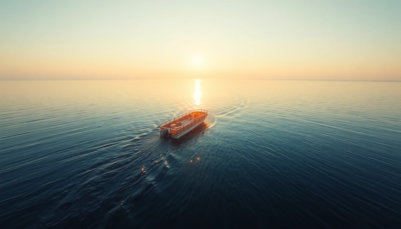 An abstract, impressionistic photograph of a boat on a river, with soft, out-of-focus light and color creating a serene, contemplative mood that reflects the story's themes of loss and the importance of water safety.