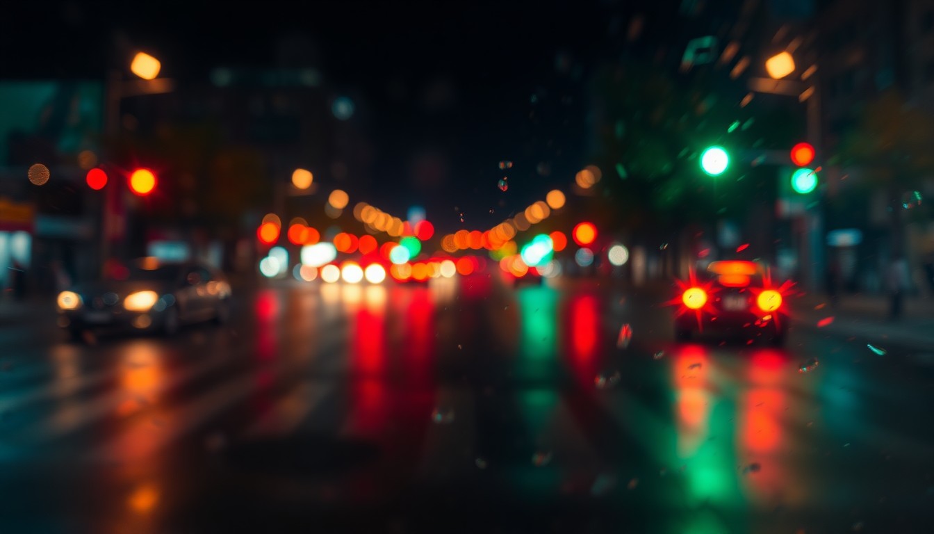 An abstract, impressionistic photograph of a blurred urban intersection at night, with glowing red and green traffic lights reflected in the wet pavement, creating a dreamlike, atmospheric scene of soft, warm color and light.