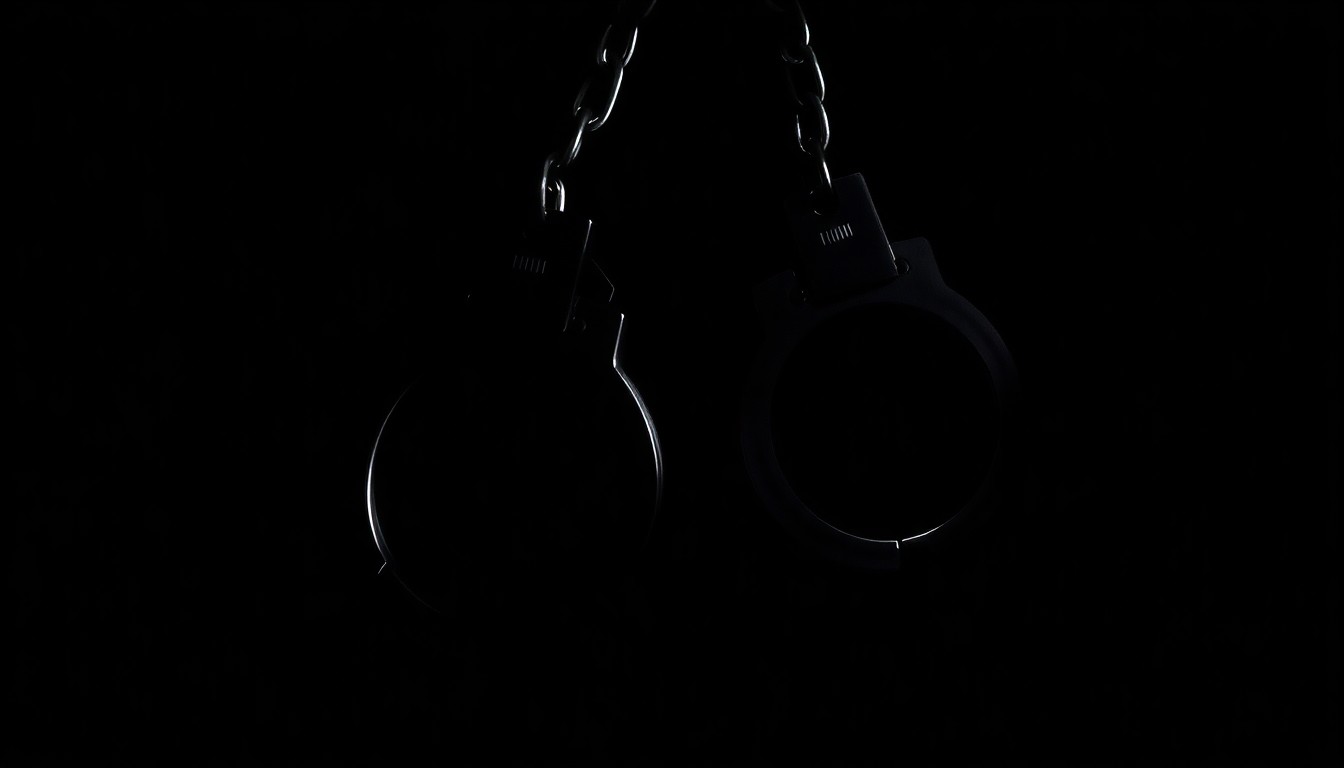 An extreme close-up photograph of a set of handcuffs against a pitch-black background, creating a stark, gritty, investigative aesthetic.