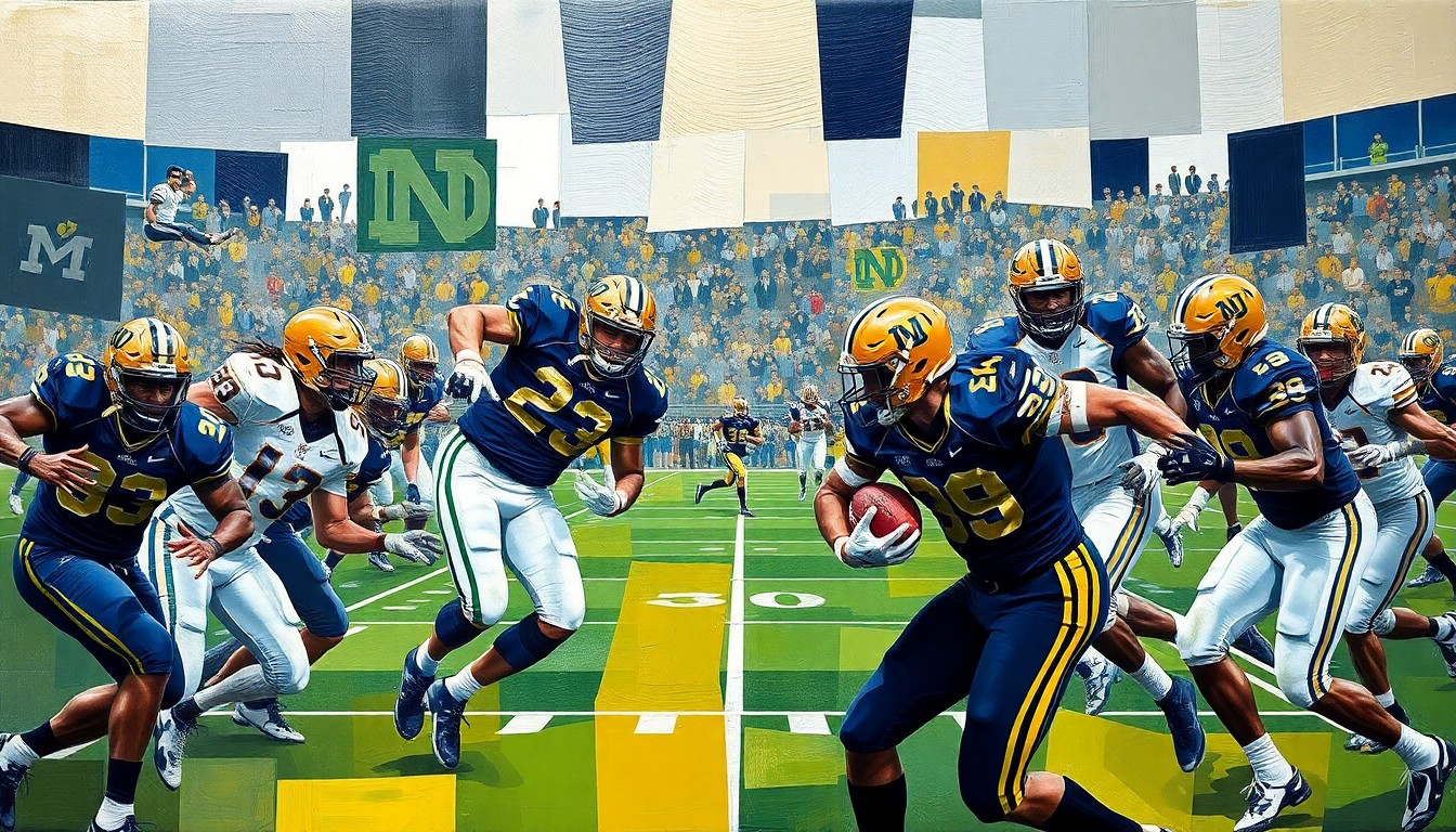 A fragmented, geometric painting depicting a college football game, with the players' uniforms rendered in navy blue, gold, and white to represent the Notre Dame Fighting Irish. The scene is broken down into sharp, overlapping planes, conveying the multifaceted nature of roster decisions in the name, image and likeness era.