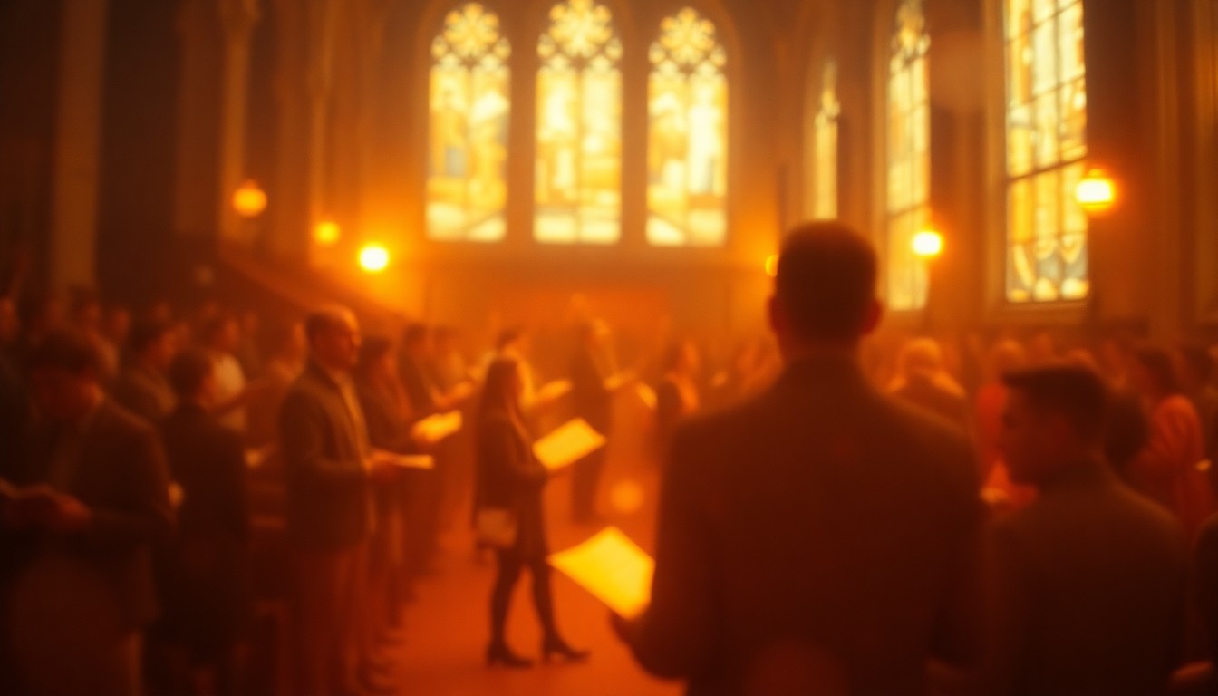 An impressionistic, blurred scene of people singing and performing together in a dimly lit cathedral space, conveying the warm, welcoming atmosphere of a community arts program.