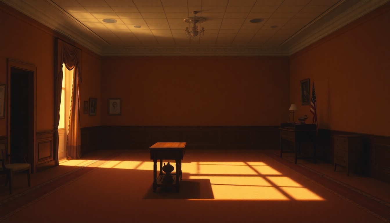 A dimly lit, cinematic painting of an empty congressional office, with warm sunlight streaming through the windows and deep shadows cast across the room, creating a sense of solitude and unease.