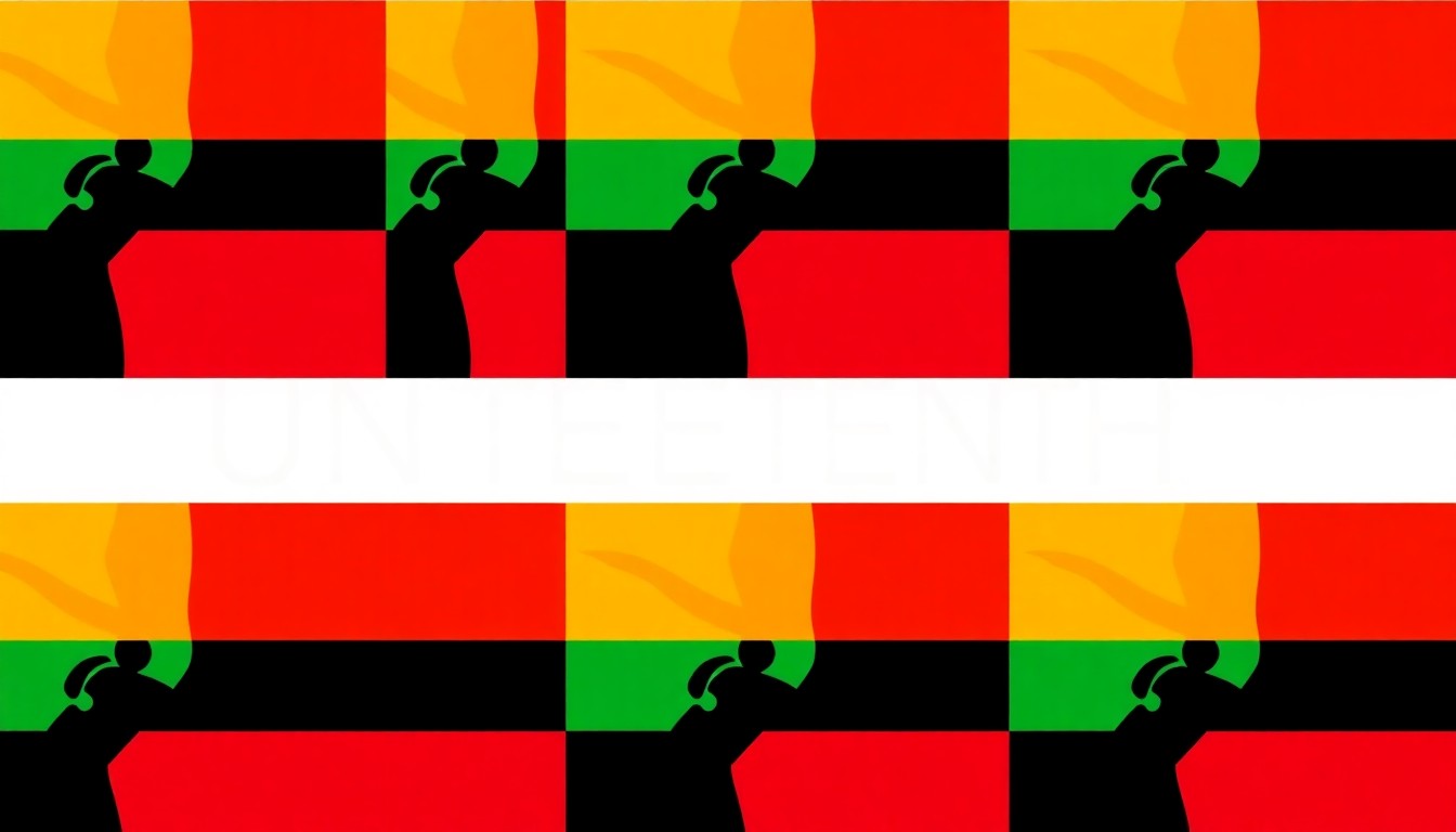 A boldly colored, abstract grid of Juneteenth flag icons, conceptually representing the celebratory energy and community spirit of the expanded Juneteenth festival in Oklahoma City.