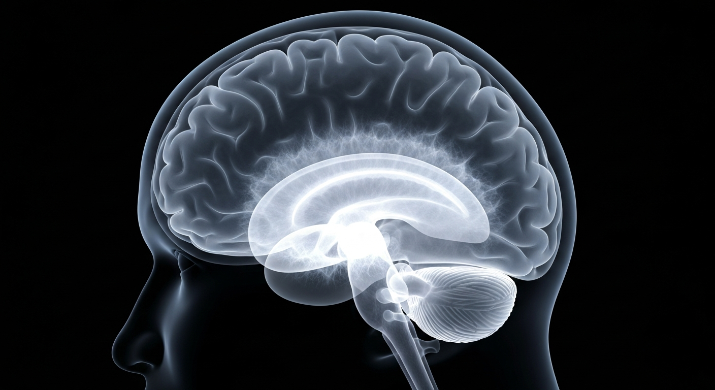 An extreme close-up of a ghostly, translucent X-ray image of a human brain, with glowing internal structures pulsing with energy against a dark background, conceptually representing the neurological effects of environmental factors on migraine attacks.