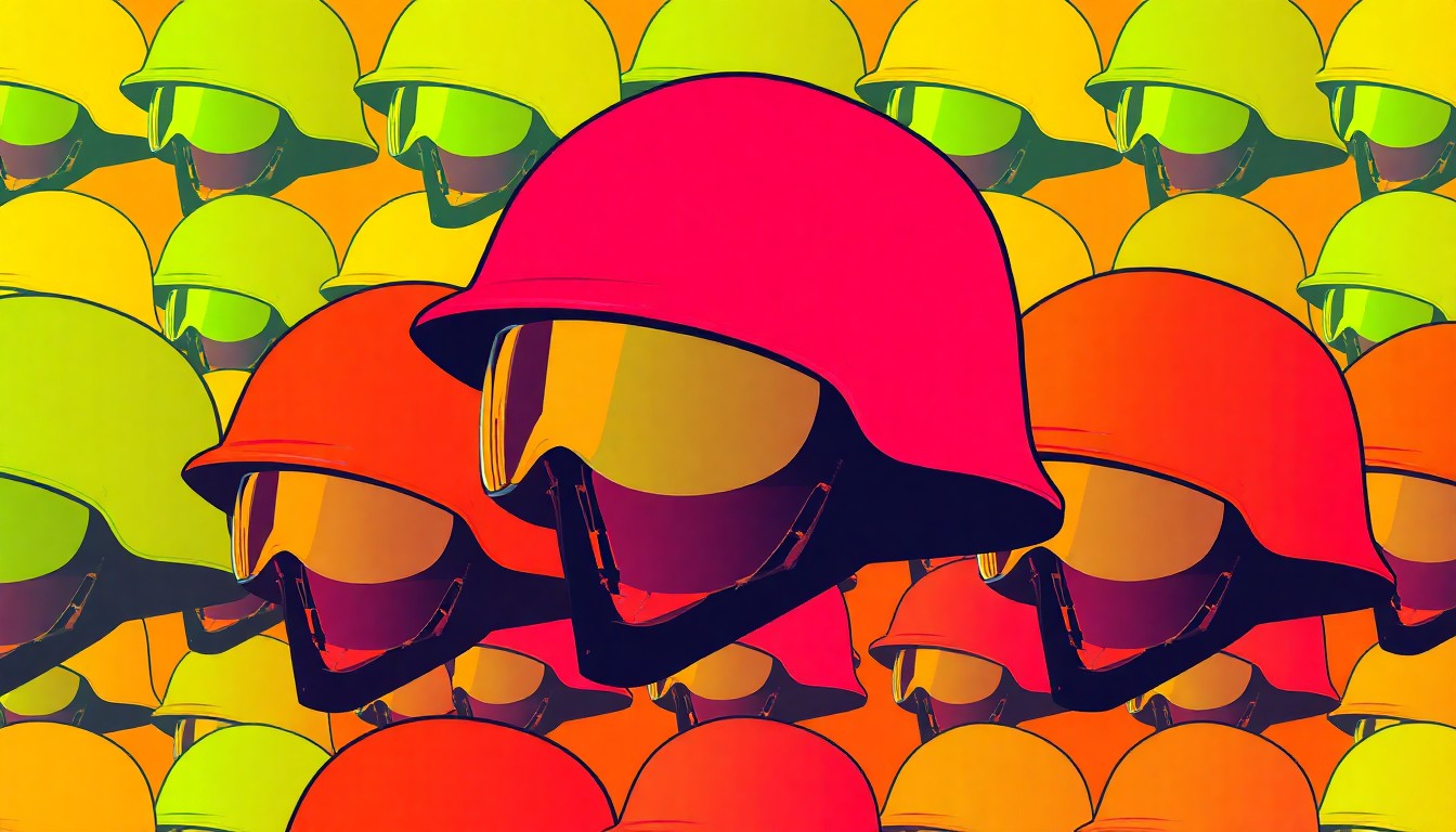 A vibrant, high-contrast silkscreen print featuring a vintage WWII military helmet repeated in a grid pattern, using bold neon colors and heavy black outlines to create a modern pop art representation of the event's historical focus.