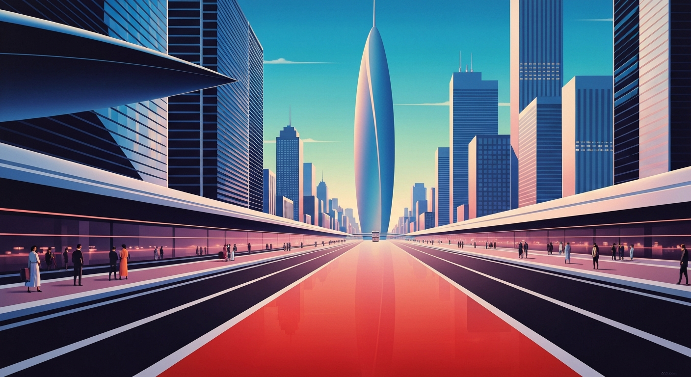 A bold, geometric illustration in the Art Deco style, featuring sweeping, smooth gradients and towering architectural forms that capture the grand scale and romance of travel in an urban setting, without any literal depictions of people or text.