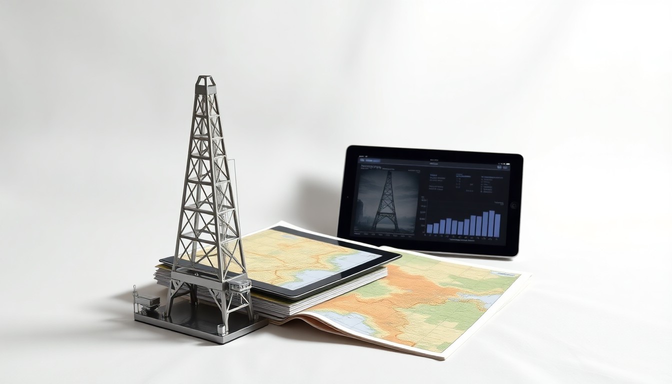 A photorealistic studio still life featuring a polished steel oil derrick model, geological survey maps, and a digital display, conceptually representing the technological advancements and strategic planning fueling the Permian Basin's growth.
