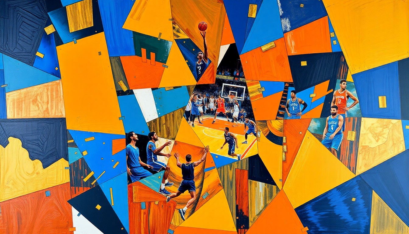A fragmented, cubist-style painting depicting a basketball game or playoff action, with sharp geometric shapes and planes in vibrant colors like blue, orange, and gold, conceptually representing the dynamic energy and uncertainty of the Lakers' playoff push.