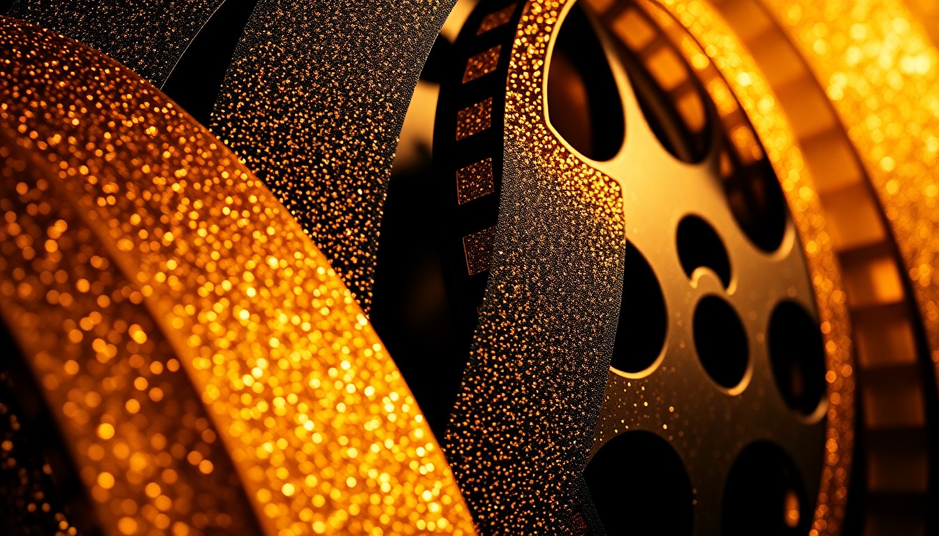 An abstract, high-contrast close-up photograph of shimmering, textured film reel material in rich metallic tones, conveying the technical innovation and cinematic glamour of the movie industry.