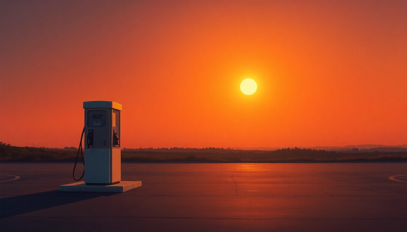 A photorealistic oil painting of a solitary gas pump in an urban setting, bathed in warm, golden light and deep shadows, evoking a sense of quiet contemplation about the political and economic implications of rising fuel prices.