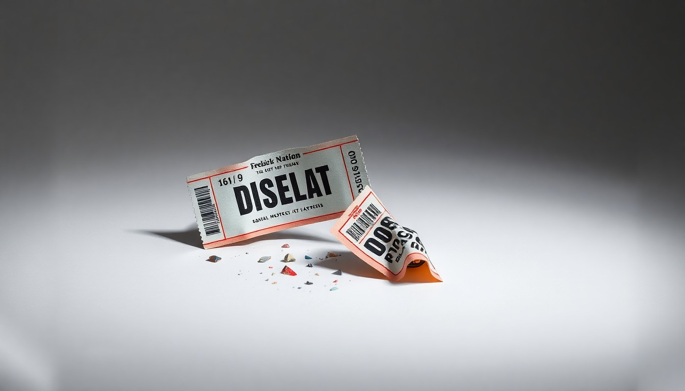 A high-end, photorealistic studio still-life photograph featuring a shattered concert ticket stub and a crumpled ticket stub on a clean, monochromatic background, conceptually representing the abstract corporate forces behind the Live Nation monopoly verdict.