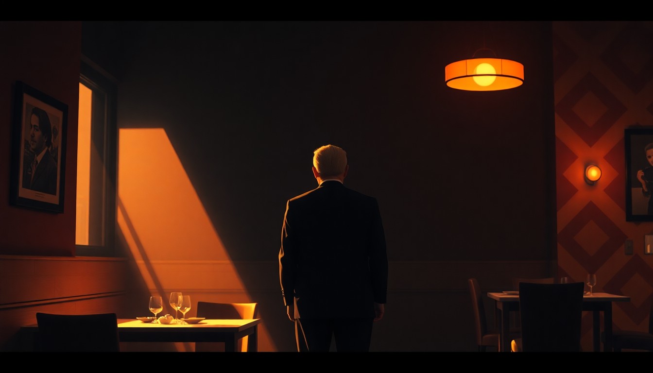A solitary political figure stands alone in a dimly lit restaurant, the warm light casting deep shadows across the scene, evoking a sense of quiet contemplation and uncertainty about the future.