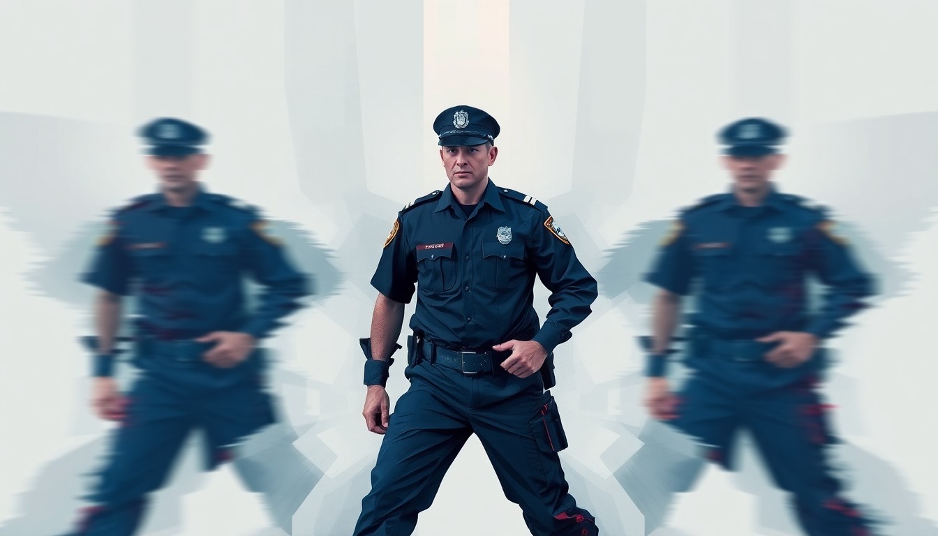A dynamic, fragmented painting depicting a police officer in uniform, their figure repeated and overlapping in waves of deep blues, greys, and reds, conveying a sense of motion and urgency around the public safety crisis in Houston.
