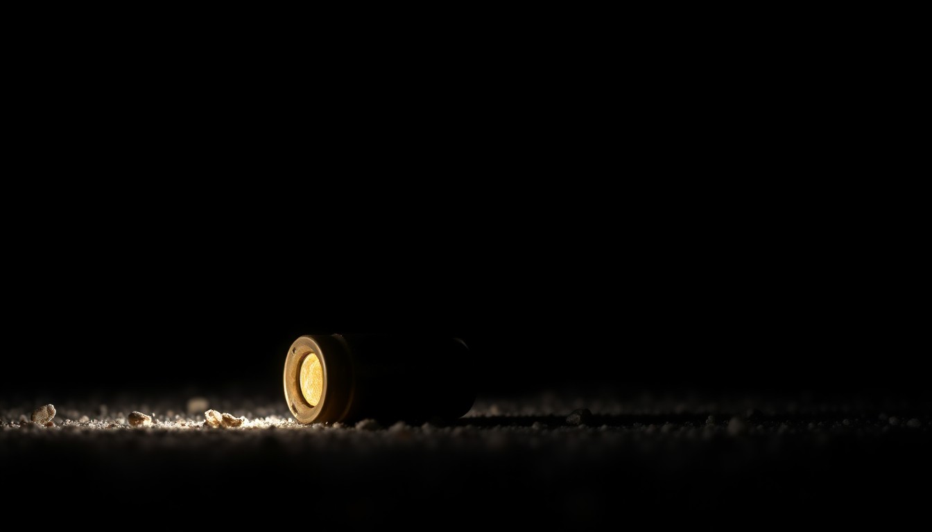 An extreme close-up photograph of a spent bullet casing on the ground, reflecting the harsh, direct light of the camera flash and creating a stark, gritty visual metaphor for the incident of gun violence.