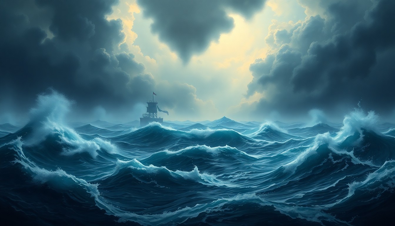 A sweeping, atmospheric seascape painting in muted blues and grays, with a small lifeguard tower barely visible in the distance, dwarfed by the overwhelming power of the crashing waves.